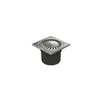 A stainless steel floor drain with a black pipe attachment, shown in a studio setting against a white background. Anteprima dell’immagine prodotto