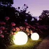 Two illuminated spherical garden lights are placed on a grassy lawn in front of a rose bush at dusk. Anteprima dell’immagine prodotto