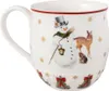 A white ceramic mug with a Christmas-themed design featuring a snowman, deer, and rabbit, surrounded by snowflakes and decorated with a red rim and a festive border. Produktbild-Vorschau