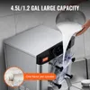 A person is pouring a white liquid into a commercial ice cream machine. The machine is stainless steel with a black control panel and a clear dispensing area. There is text overlay on the image. Produktbild-Vorschau
