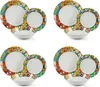 A collage of four identical sets of dinnerware, each set containing plates and bowls with a colorful, tiled pattern around the rim. Anteprima dell’immagine prodotto
