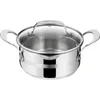 A stainless steel pot with a glass lid and two handles, shown from the front. Produktbild-Vorschau