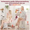 Two women are shown using a pink chair in different settings, one at a vanity and one at a bar, illustrating adjustable height. Produktbild-Vorschau