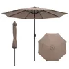 A tan patio umbrella is shown in three different views: fully open, closed and standing, and from a top-down perspective. Voir les images du produit