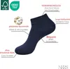 A navy blue sock with various features highlighted by text callouts, placed on a white background. Includes FSC and OEKO-TEX logos. Produktbild-Vorschau