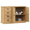 A wooden sideboard with drawers and cabinet doors, displaying plates and cups inside. Voir les images du produit