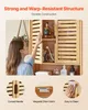 A woman is reaching into a wooden bathroom cabinet, with close-up shots of product features below. Voir les images du produit