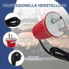 A collage of images showing a red rotisserie motor with a black cord, a close-up of the motor's plug, and a close-up of the motor's shaft, set against a blurred background of grilled food. Produktbild-Vorschau