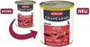 A comparison of two cans of dog food, one labeled 'BISHER' (previously) and the other 'NEU' (new), with an arrow indicating a transition. The 'NEU' can is larger and more prominent. Produktbild-Vorschau
