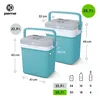 Two turquoise and white portable coolers are shown with dimensions and capacity information. Náhľad obrázku produktu