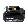 A black Makita 18V lithium-ion battery pack with white and yellow accents, shown from a slightly elevated front-side angle against a white background. Produktbild-Vorschau