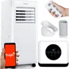 A collage of images showing a portable air conditioner, its remote control, a smartphone app interface, and accessories. Podgląd zdjęcia produktu