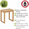 A bamboo stool with descriptive text and certifications. Produktbild-Vorschau