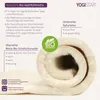 A rolled-up yoga mat with descriptive text and a logo. Produktbild-Vorschau