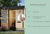 A wooden garden house with double doors, featuring a detailed close-up of the door mechanism and a list of product features. Produktbild-Vorschau