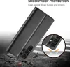 A black flip case for a smartphone is shown at an angle, with a circular inset highlighting its shockproof protection feature. Produktbild-Vorschau
