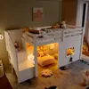 A child's bedroom with a loft bed, featuring stairs, a play area underneath, and decorative elements. Anteprima dell’immagine prodotto