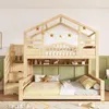 A wooden bunk bed with a house-shaped frame, decorated with star-shaped lights, set in a child's bedroom. Náhled obrázku produktu