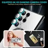 Collage of a phone camera lens protector, a woman holding a phone accessory, and a phone with earbuds. Produktbild-Vorschau