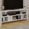 A white corner TV stand with a TV, game consoles, controllers, and books. Produktbild-Vorschau