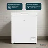 A white chest freezer is shown against a brick wall background, with marketing text overlays. Produktbild-Vorschau