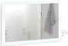 A rectangular mirror with a white frame, likely for a bathroom, is shown against a white background. The mirror surface is partially obscured by condensation, with some faint reflections of what appears to be a shower curtain or wall. Anteprima dell’immagine prodotto