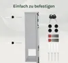 A gray mailbox and its accessories are displayed against a light gray and white background, with text indicating ease of installation. Produktbild-Vorschau