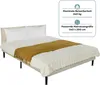 A bed with bedding and a throw blanket, with information about its weight capacity and mattress size. The image is taken from a slightly elevated side angle. Produktbild-Vorschau