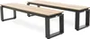 Two modern outdoor benches with wooden slats and black metal frames are shown against a white background. Produktbild-Vorschau