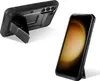 Two views of a black phone case with a kickstand, one showing the back and the other showing the front with a phone inside. Produktbild-Vorschau