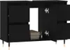 A black bathroom cabinet with two doors open, revealing shelves and some decorative items. Náhľad obrázku produktu