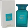 Türkisblauer Glasflakon Tom Ford Neroli Portofino Acqua mit gold-blauem Etikett neben weißer, rechteckiger Verpackung mit identischem Etikettendesign. Produktbild-Vorschau