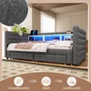 A modern daybed with storage and LED lighting, presented in a bedroom setting with marketing icons at the bottom. Voir les images du produit