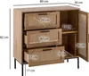 A wooden kommode with three drawers and a cabinet door, featuring cane detailing and measurement annotations. Produktbild-Vorschau