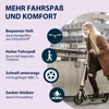 A woman riding a scooter, with text and icons highlighting product features. Produktbild-Vorschau