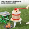 A fruit press and grinder set are shown in use on grass, with juice being pressed into a glass. The image is overlaid with text. Produktbild-Vorschau