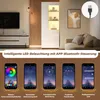 A living room scene featuring a display cabinet with LED lighting, alongside a sofa and television. Below the scene are screenshots of a mobile app controlling LED lights. Produktbild-Vorschau