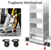 A person in work clothes stands next to a silver multi-purpose ladder. Below the ladder, there are close-up images of black wheels and a diagram showing how wheels attach to the ladder. Náhľad obrázku produktu
