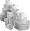 A collection of white ceramic plates and cups stacked neatly. Produktbild-Vorschau