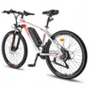 A white electric mountain bike with red accents is shown against a white background. Produktbild-Vorschau