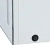 A close-up view of the side of a white cabinet with a glass panel and a black circular switch. Produktbild-Vorschau