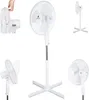 A collage of images showing different angles and details of a white stand fan.
