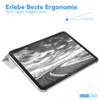 A tablet case is shown in a tilted position, displaying the tablet screen with a scenic image. Text overlays describe features. Produktbild-Vorschau