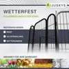 Marketing image showcasing a metal fence with text highlighting its weather-resistant features and suitability for all seasons. Podgląd zdjęcia produktu