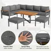 A sectional outdoor furniture set with a coffee table and ottomans, featuring close-up diagrams of fabric and filling. Voir les images du produit
