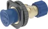 A plumbing fitting with a blue cap and a blue nut, connected to a brass valve, mounted on a gray flange. Produktbild-Vorschau