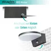 Diagram showing how to connect an outdoor light fixture and a separate image of the installed light fixture on a brick wall. Produktbild-Vorschau