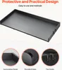 A black tray with raised edges, shown from a diagonal angle. Below the main image are three circular insets highlighting details: the surrounding panels, rounded edges, and two hooks. Náhled obrázku produktu