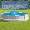 An inflatable air pillow is placed in the center of an above-ground swimming pool, with text describing its features. Produktbild-Vorschau