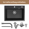 A black granite kitchen sink with various plumbing accessories laid out below it. Produktbild-Vorschau